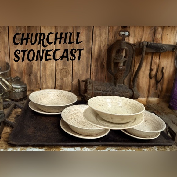 Vintage Homespun CHURCHILL STONECAST RANGE, England, Saucer and Bowl, Set of 4 - Picture 1 of 3